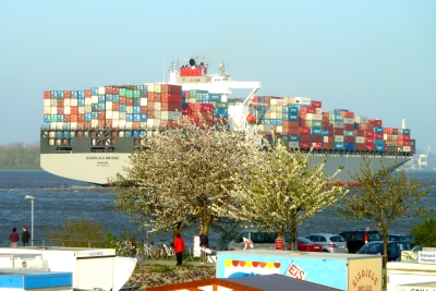 Container ship on river Elbe