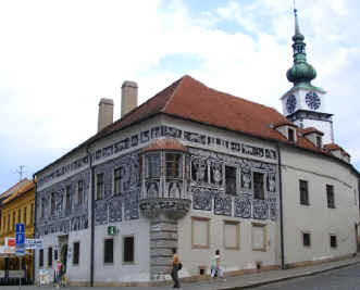 Trebic - decorated house and clock tower